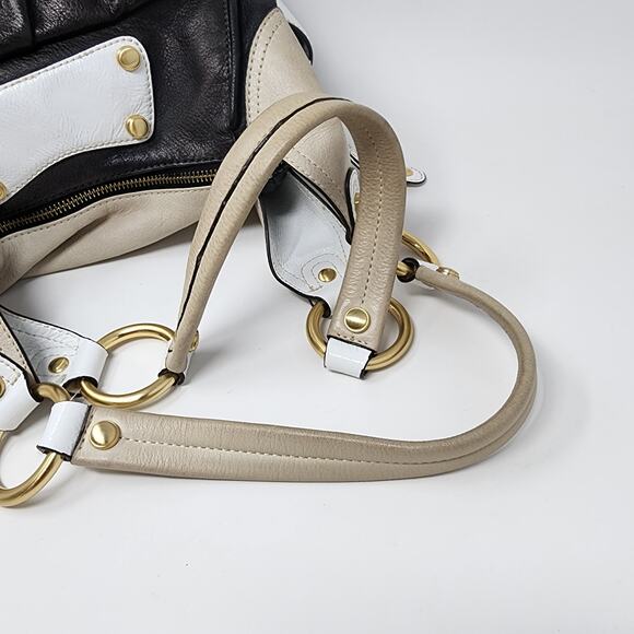B. Makowsky Large Shoulder Bag Copenhagen Leather Mixed Media Beige Black Cream - Picture 7 of 11